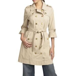 Juicy Couture Cotton Twill Trench Coat Jacket with Piping in Camel, Size Medium